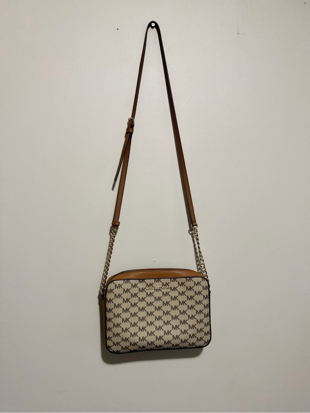 Michael Kors Beige and Brown MK Logo Crossbody Bag